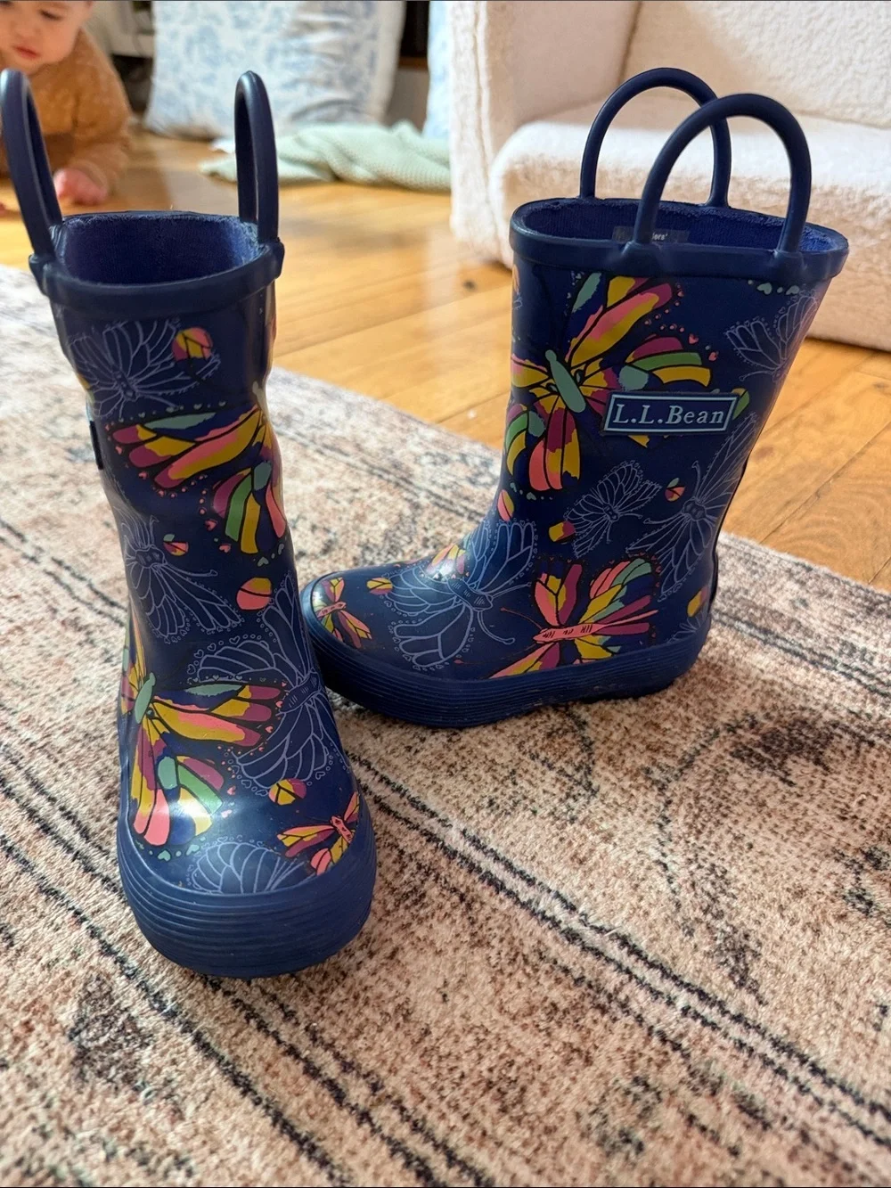 L.L. Bean Navy Kids' Rain Boots with Multicolor Floral Design